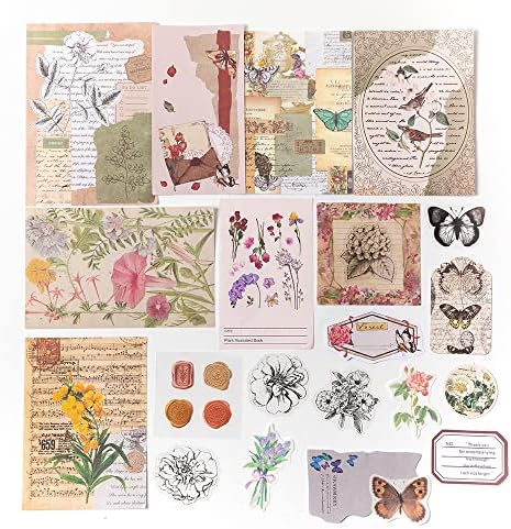 Alideco 260pcs Vintage Scrapbook Stickers Scrapbooking Paper Washi Junk Journaling Supplies Collage Album Aesthetic Cottagecore Picture Frames(Flowers Butterfly)
