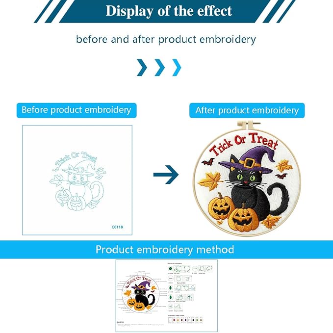 Zhenqing Halloween Black Cat Embroidery Kit for Beginners, Trick or Treat Witch Cat Needlework Kit with Pre-Printed Cotton Fabric, Hoop, Threads & Tools, Spooky DIY Decor (C0118)