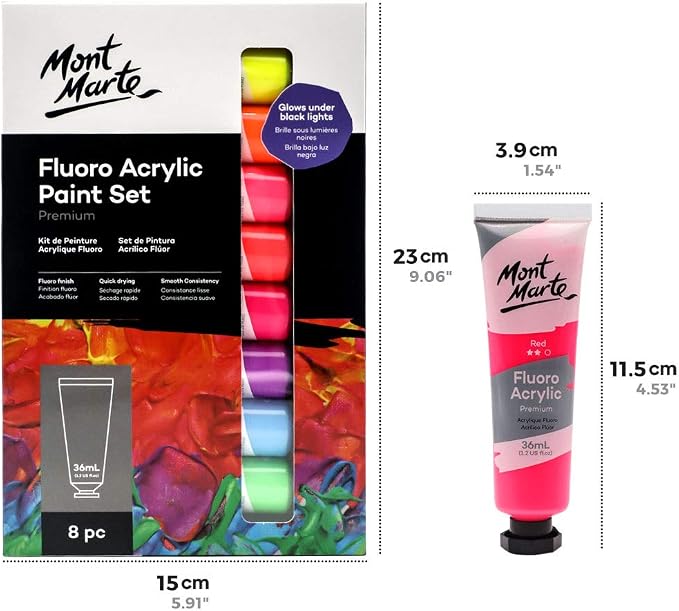 Mont Marte Fluoro Acrylic Paint Set, 8 x 1.02oz (36ml) Tubes, 8 Colors, Suitable for Most Surfaces Including Canvas, Card, Paper and Wood