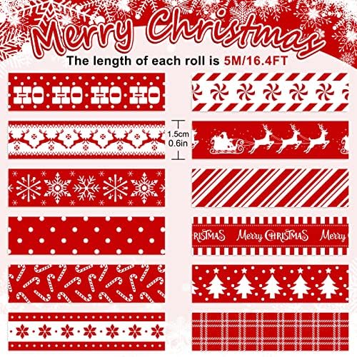 Whaline 12 Rolls Christmas Washi Tapes Red White Decorative Tape Assorted Xmas Patterns Holiday Masking Tapes for Christmas Scrapbook Journal Calendar DIY Craft Gift Wrapping, 16.4ft x 0.6