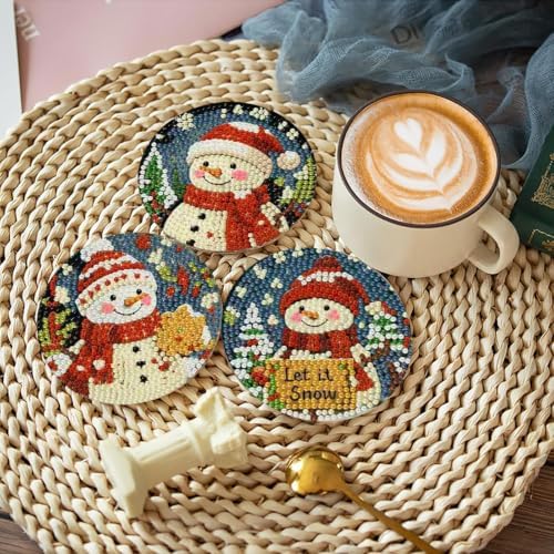 8 Pcs Christmas Diamond Art Coasters Kits, Snowmen Cork Wooden Pad Diamond Painting Coasters with Holder, 5D DIY Full Drill Gem Art Craft Supplies for Adults Beginners Home Decor