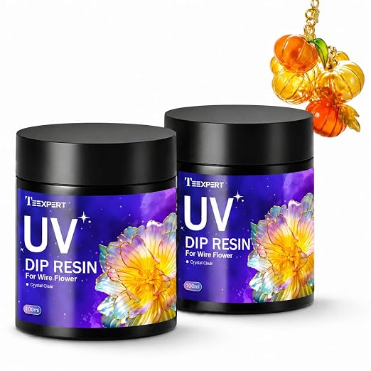 Teexpert UV Dip Resin for Wire Flowers, 2 Pack 100g Each (200g Total), Crystal Clear Thick Formula, Fast Cure UV Resin for DIY Jewelry, Crafts & Floral Design