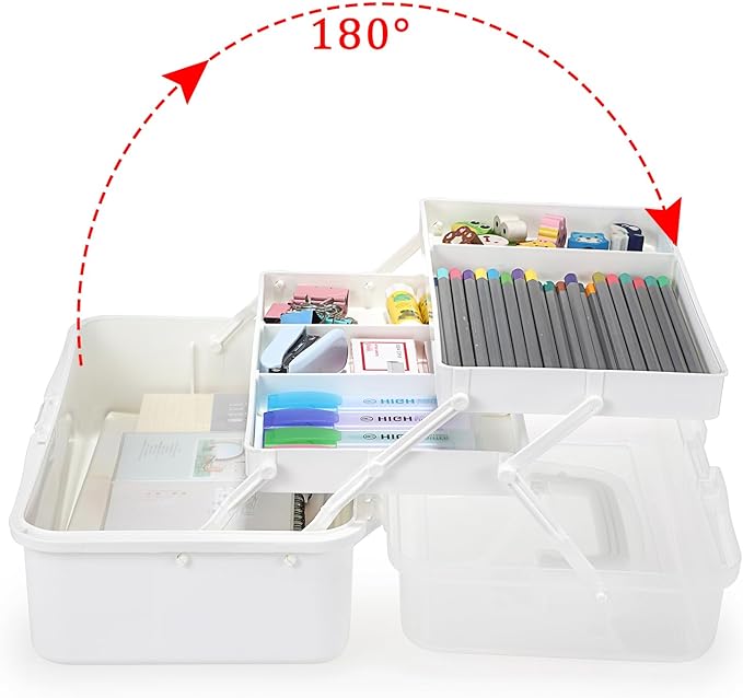 BTSKY 3-Layer Plastic Dividing Storage Box Craft Organizer and Storage | Portable Handled Art Supply Organizer with Adjustable Spacers Multipurpose Home Utility Box for Medicine Sewing(Beige White)
