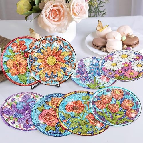Meothan 8 Pcs Flowers Diamond Art Coasters Kit for Adults with Holder 4x4in