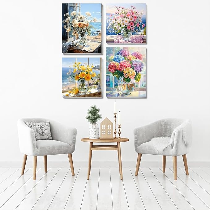 4 pack Flower Paint by Numbers Kit for Adults Beginner With Framed,Flowers Easy Adult Paint by Number Kits on Canvas DIY Painting for Beginners Art by Numbers for Home Wall Decor 10x12-10x10 Inch