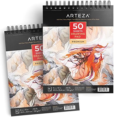 ARTEZA Drawing Paper Pad, 8 x 10 Inches, Pack of 2, 50 Sheets Each, Spiral Bound Artist Drawing Books, Durable Acid Free White Sketch Paper