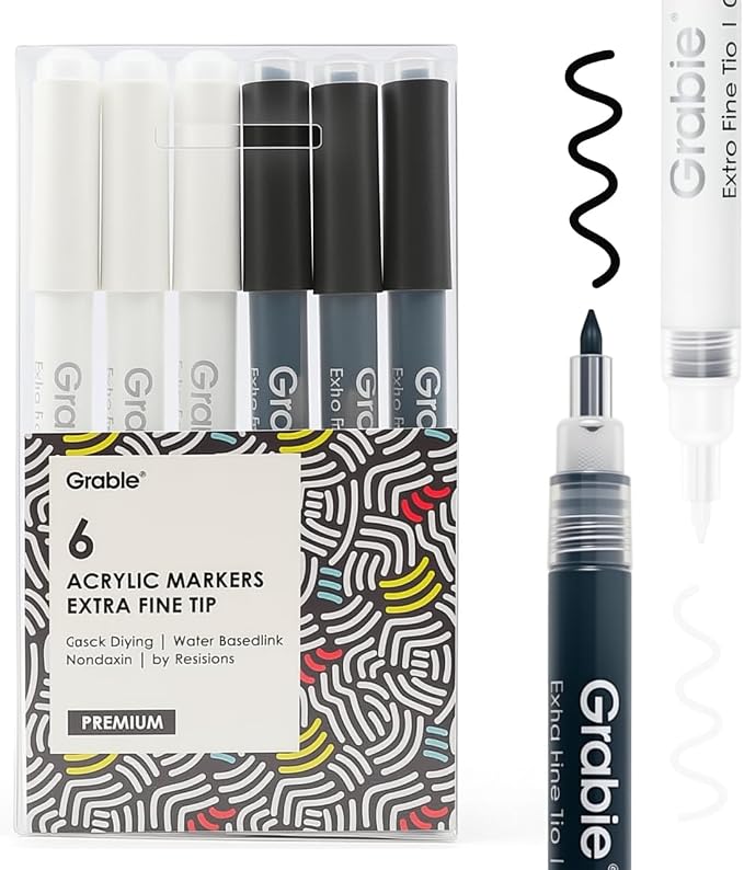 Grabie 6 Pack of Black & White Acrylic Paint Markers, 0.7 mm Extra Fine Tip