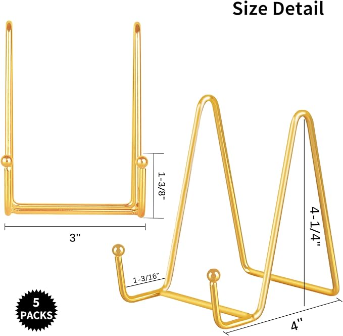 IBosins 5-Pack 4-Inch Plate Holder Display Stands Gold Metal Frame Stand
