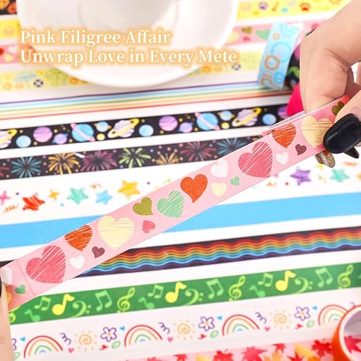 icceemee 30 Rolls Colorful Theme Washi Tape Set with Different Colorful Patterns, Writable Decorative Tapes for Scrapbooking, Junk Journal Supplies, Bullet Journaling, 0.6'' x 79'' per Roll