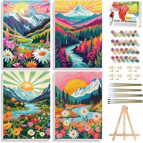 Jethami 4 Pack Landscape Paint by Numbers Kit for Adults with Framed 8x12in | Easy to piant for beginners elderly, with Easel & Magnifying glass, Relaxing & Stress relief, canvas, Home wall decor