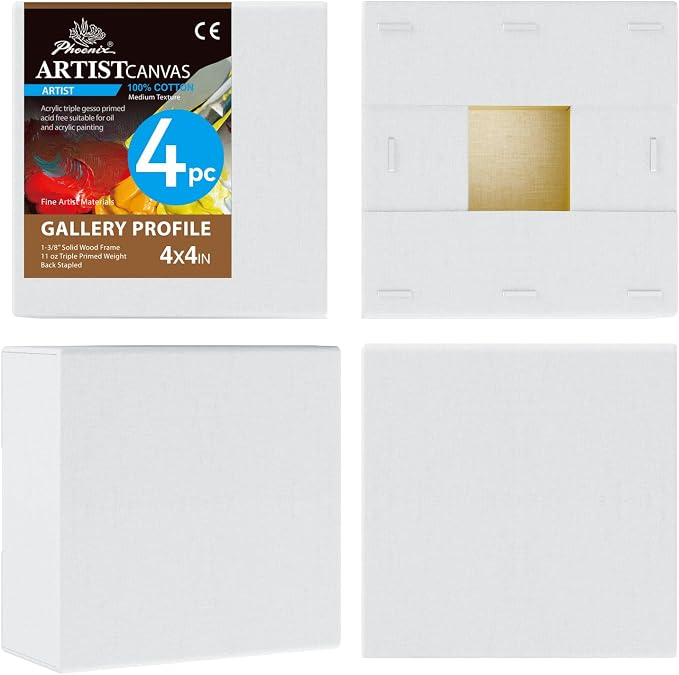 PHOENIX 4x4 Inch 4 Pack Gallery Canvas - Small Square 1.5 in Thick Canvases for Painting - Deep Edge 100% Cotton 11 Oz. Gesso Primed White Blank Professional Canvas Oil & Acrylic Paints
