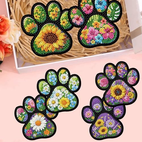 ijbnhd 8 Pcs Diamond Art Coasters Kits Dog Paw 4x4 inch (Cork Wooden Pad)