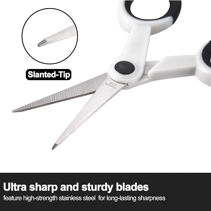 SCAIKTIG 5" Detail Scissors with Slanted-tip, Small Embroidery Scissors All Purpose For Sewing, Fabric, Paper Craft Cutting, White, 3-Pack