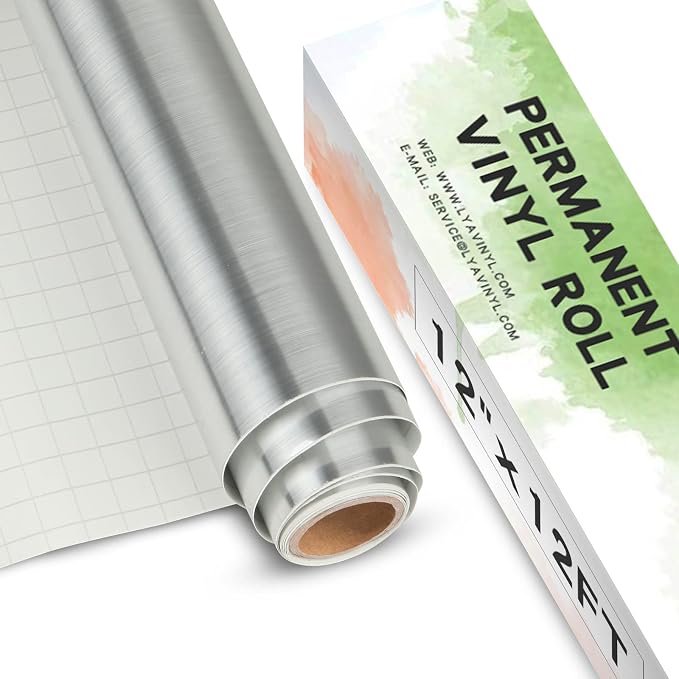 Lya Vinyl Metallic Brushed Silver Permanent Vinyl Roll, 12'' x 12FT, for Home Decor, Party Decoration, Mug, Window, Durable, Waterproof, Indoor and Outdoor Use