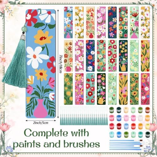 Kosiz 24 Pcs Butterfly Flowers Paint by Number Kit for Adult Wood Bookmark | Mini Paint by Numbers Kit, Painting Decor, Tassels Blank Bookmarks, for Small DIY Craft Book Lovers Gift 7x2 ''