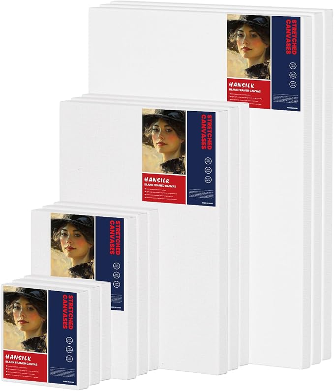 12 Pack Stretched Canvas for Painting - 100% Cotton Primed White Artist Canvases 4x4/5x7/9x12/12x16 Inch, Blank Canvas Panels for Acrylic, Oil, Watercolor Paint - Professional Art Supplies