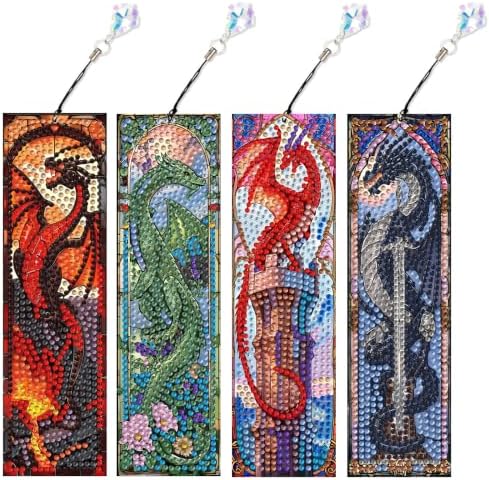 Mandun 4 Pcs Dragon Diamond Painting Bookmark Kits, Special Shaped Diamond Art Bookmarks with Pendant, DIY Dragon Diamond Art Bookmarks with Tassels Crafts Gifts Supplies