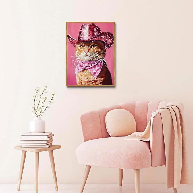 DAZZLEDOTS Cowboy Cat Diamond Art Kits for Adults, Pink Diamond Painting