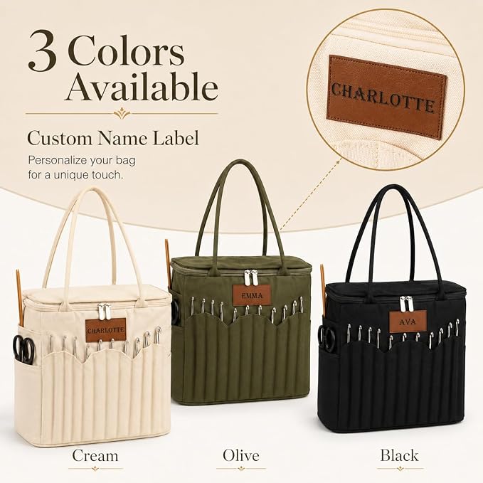 Canvas Yarn Storage Bag with Personalized Name Leather Patch, Large Canvas Yarn Bag for Crochet and Knitting, Crochet Organizer with Multiple Pockets & Yarn Holes, Birthday Gift for Mom Grandma