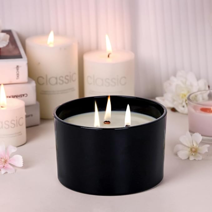 CONNOO 6 Pack 24oz Matte Black Glass Candle Jars with Airtight Bamboo Lids