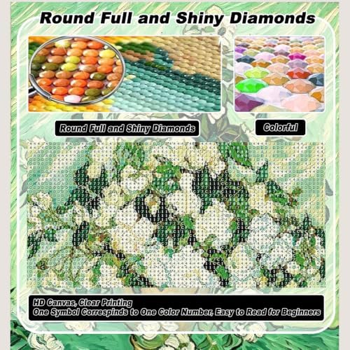 VeGuude Diamond Art Kits for Adults, Full Drill Van Gogh White Roses Diamond Painting Kits for Beginners, DIY Full Rhinestone 5D Diamond dots (Gemstone Craft), Home Wall Decoration (12x16 inch)
