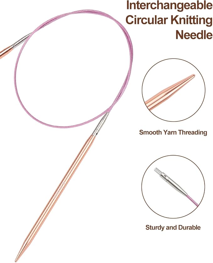 Aeelike Interchangeable Knitting Needles Set for DIY Crafts, Rose Gold | Aluminum Interchangeable Knitting Needles with 4 Cables, Smooth Complete Needles Set for Socks Blankets Sweaters, Ideal Gift