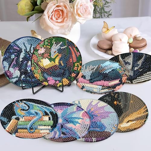 NEGEKFKX 8 Pcs Dragon Book Diamond Art Painting Coasters Kits, Coaster with Holder for Adults, Non-Slip DIY Dot Paint Craft Kits,5D Full Drill DIY Diamond Dot Gem Art Kit Home Decor Arts Craft