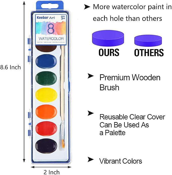 Keebor Washable Watercolor Paint Set, 36 Pack, 8 Colors with Paint Brush