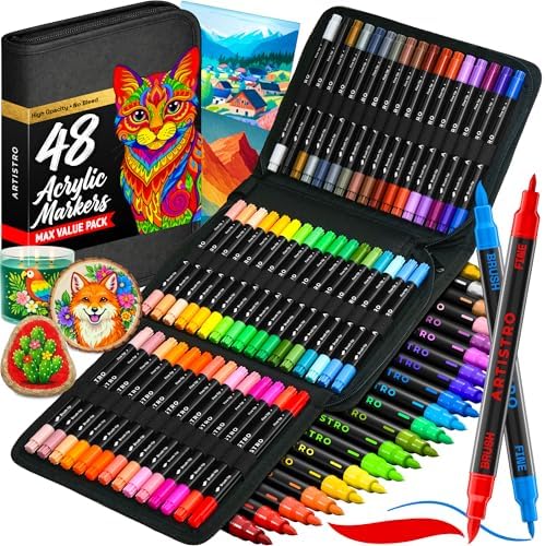 ARTISTRO 48 Acrylic Paint Markers, Set of Paint pens | Brush & Fine Precision Tips, Painting & Calligraphy, Multisurface for Fabric, Rock, Glass Painting, Wood, DIY, Craft, Canvas
