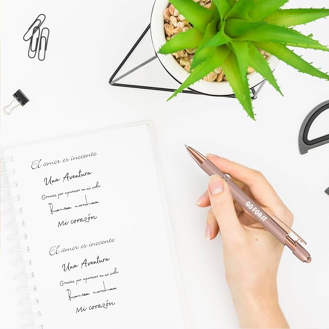 Actsun Funny Pens, 12 Pcs Rose Gold Fine Point Smooth Writing Pens, Inspirational Stylus Ballpoint Pens with Screens Touch Stylus Tips, Black Ink 1.0 Mm Gift Office Desk Accessories