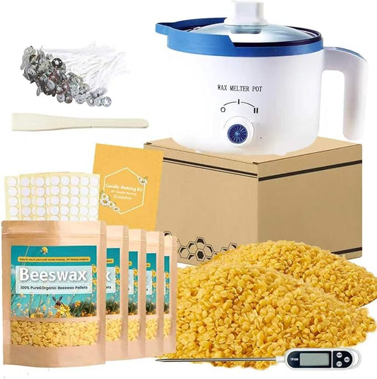 5lbs Beeswax Candle Making Kit with Electric Wax Melting Pot | candle honey bee wax making kit includes beeswax, wax melter with theremometer, wicks and more