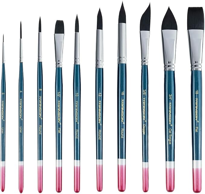 Transon 10pcs Natural Watercolor Paint Brush Set Professional for Watercolor Acrylic Ink Gouache Tempera Blue Color
