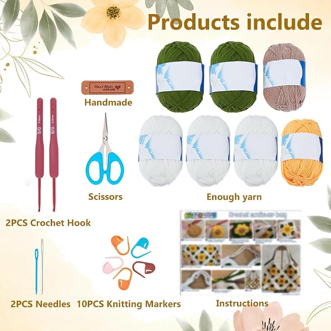 FREEBLOSS Crochet Sunflower Tote Bag Kit Beginners Crochet Kit for Adults with Step-by-Step Video Tutorials Knitting Handbag Set