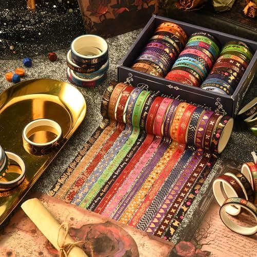 36 Rolls Skinny Washi Tape Set Gold Foil Detailing Arts Adhesive Tapes Basic Patterns Decorative Masking Tape Sets for Craft, Kids, Scrapbook, DIY, Gift Wrapping (Bronzing Letters)