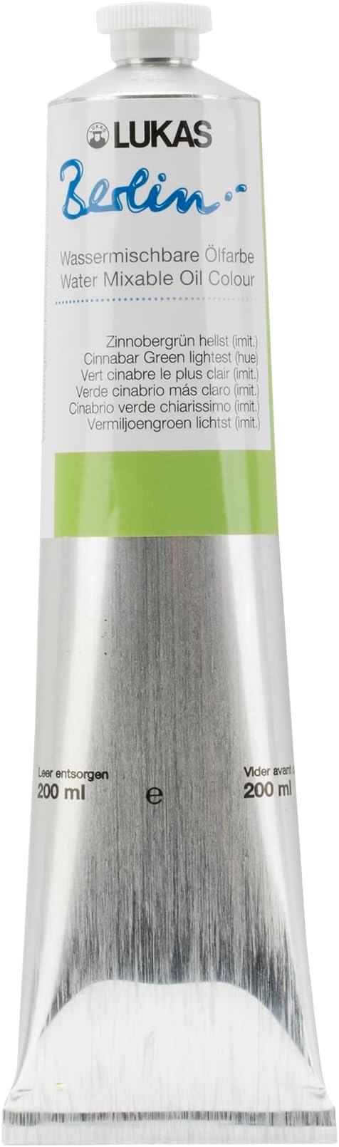 Lukas Berlin Pro Artists Water Mixable Oil Paint 200 ml Tube Cinnabar Green Light Hue, Water Soluble, Lightfast Pigment, Quick Drying, Easy Clean-Up, Eco-Friendly, Professional Quality, 40 Color Range