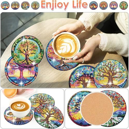 ijbnhd 8 PCS Tree of Life Diamond Art Coasters (Cork Wooden Pad)