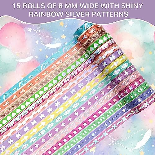 WAPETASHI 50 Rolls Washi Tape Set, Silver Cute Washi Tape for Scrapbooking, Bullet Journal, Planner, Gift, Rainbow Masking Decorative Tape for Kids