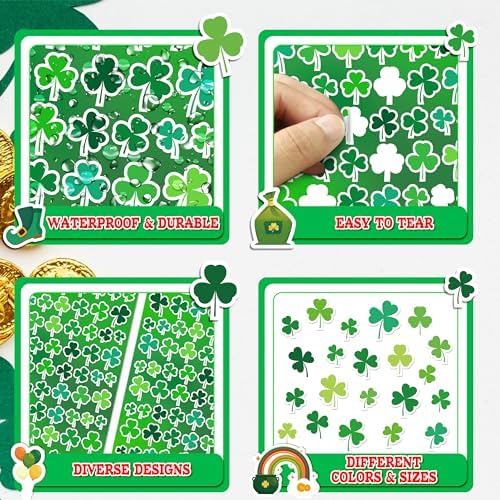 LINAYE St. Patrick's Day Stickers & Labels Bulk, 1500PCS Shamrock Stickers for Kids & Adults, 24 Sheets for Cards & Envelopes, Party Supplies