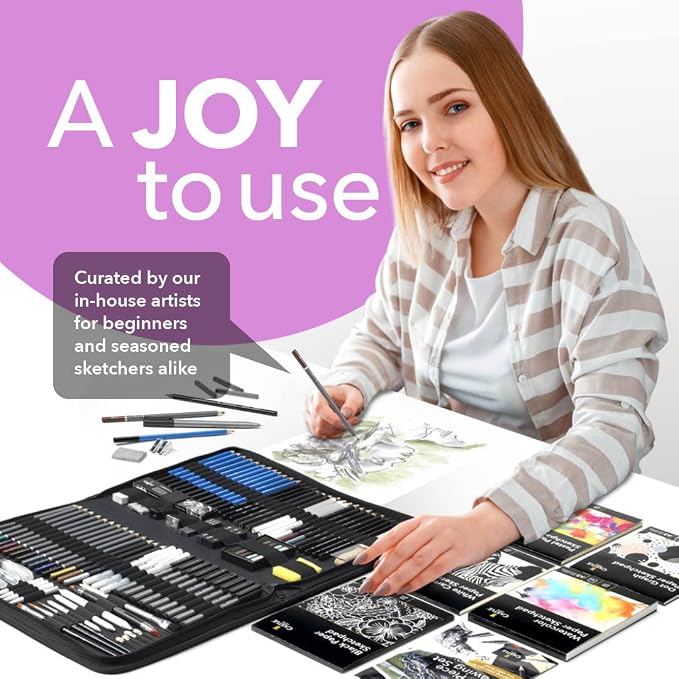 Castle Art Supplies 100 Piece Drawing Sketching and Charcoal Set for Adults | Graphite, charcoal, pastel, and metallic pencils, plus more extras - for professional and adult artists alike