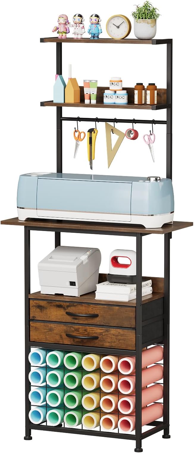 VENNQD Craft Organizers and Storage Cart with Fabric Drawer, Craft Table for Cricut Machines, 4 Tiers Crafting Desk Vinyl Roll Holder, Crafting Table Workstation for Craft Room Home, Rustic Brown