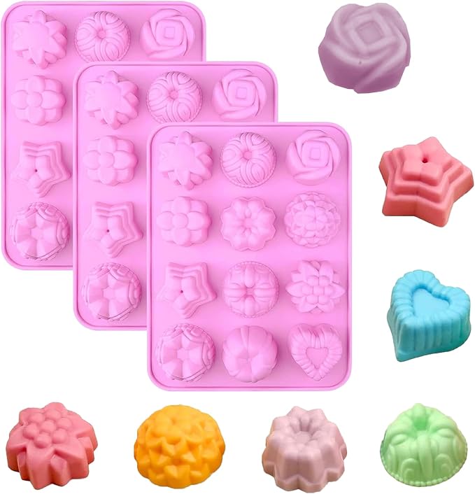 Silicone Soap Molds, different Cavities Soap Mold with Different Shapes, Perfect for Soap Making, Handmade Cake Chocolate Desserts Biscuit Pudding Teacake Jelly （3 Pack - Rose Flower）