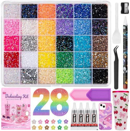 40000Pcs Bedazzling Kit with Rhinestones, 28 Colors 3mm Resin Jelly Flatback Gems, All-in-One Bedazzler Kit with 4Pcs B7000 Glue & Tools, DIY Diamond Art Craft Kit for Clothes Shoes Phone Cases Gifts