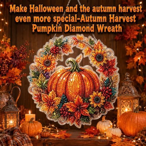 Silkivana Autumn Harvest Pumpkin Diamond Art Hanging Ornament Kit, DIY Acrylic Diamond Painting Hanging Sign for Window Wall Garden Home Fall Decor Handmade Craft Set