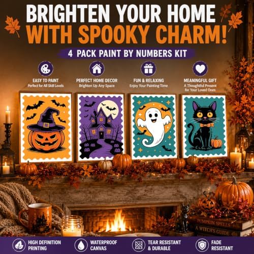 HITO 4 Pack Halloween Paint by Numbers Kit for Kids 6-8-12 with Frame Easel