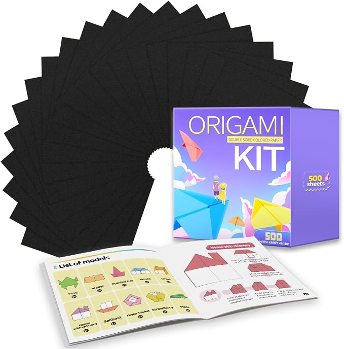 Praisebank Black Origami Paper, 500pcs 6x6 inch, Double Sided Color, Origami Kit with Guide instruction for Crafts