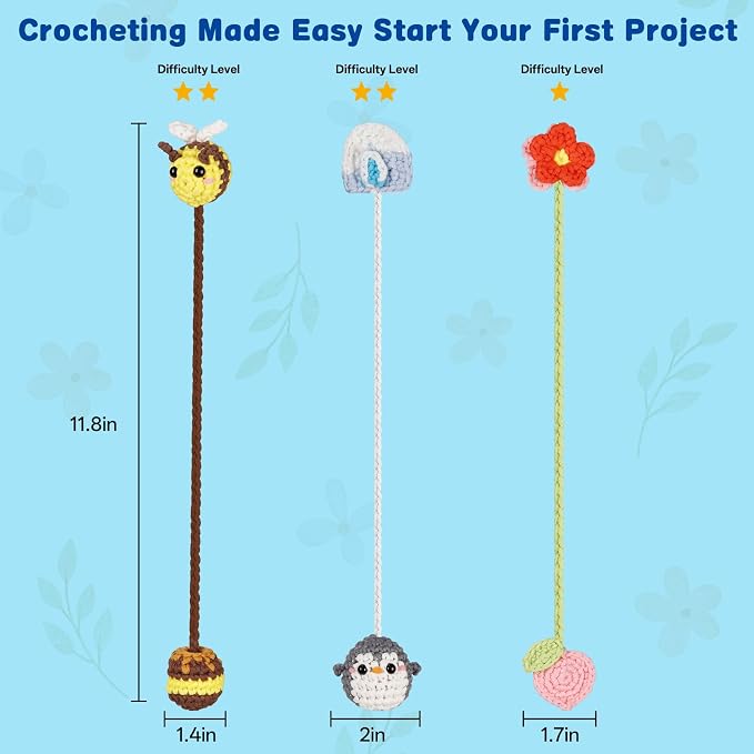 WaldyWop Crochet Kit for Beginners: 3 Animal Bookmarks Craft Kit,Women Gift