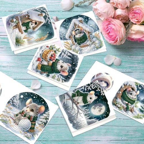 antor 6 Pack Christmas Diamond Art Cards with Envelopes, DIY Special Shaped Rhinestone Diamond Painting Greeting Card Kit, Winter Mouse Design for Adults Holiday Craft