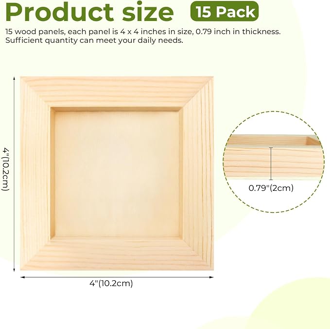 FSWCCK 15 Pack 4 x 4 inch Wood Panel Boards, Unfinished Wood Canvas Panels for Crafts, Painting Canvas, DIY Art Projects, Pouring, Arts Use with Oils, Acrylics