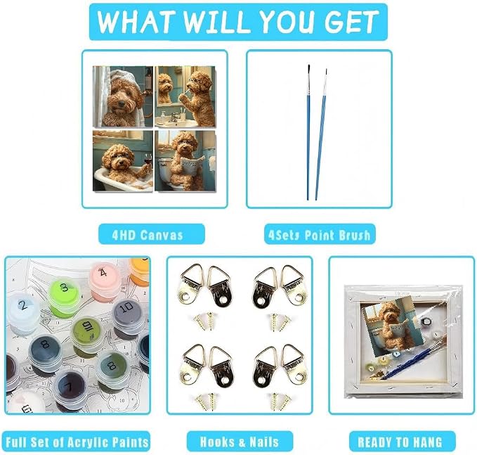 Fotasmua 4 Pack Dog Paint by Numbers Kit for Adults with Frame, Funny Bathroom Dog Paint by Number for Beginners, Easy Acrylic Adult Paint by Number Kits for Home Wall Decor 8x8 Inch