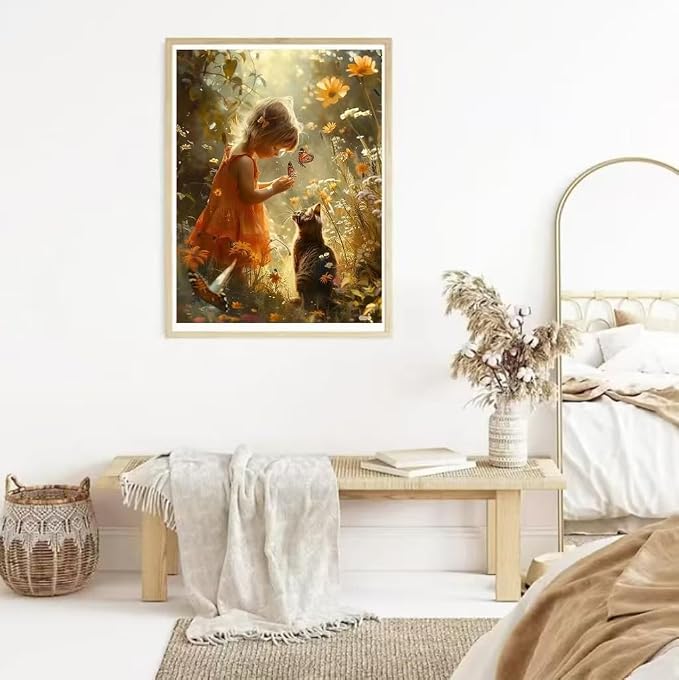 YUXUANKANG Diamond Painting Kit, Girl with Butterfly and Cat in Flower Garden, Fantasy Nature Scene 12X16inch